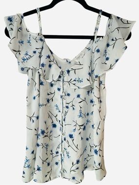 Sienna Sky White Blue Floral Ruffle Cold Shoulder Blouse Size Small